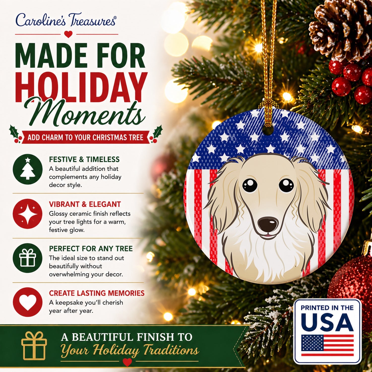 American Flag and Longhair Creme Dachshund Ceramic Ornament Christmas Tree Hanging Decorations for Home Christmas Holiday, Party, Gift, 3 in, Multicolor