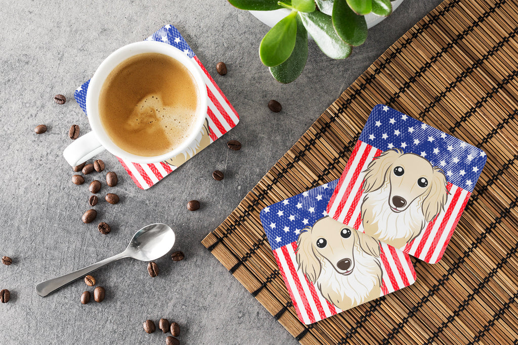 American Flag and Longhair Creme Dachshund Foam Coasters Set of 4 Cup Coasters for Indoor Outdoor, Tabletop Protection, Anti Slip, Mouse pad Material