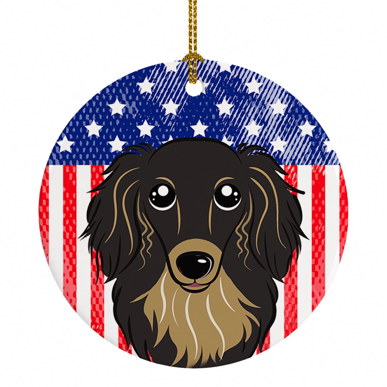 American Flag and Longhair Black and Tan Dachshund Ceramic Ornament Christmas Tree Hanging Decorations for Home Christmas Holiday, Party, Gift, 3 in, Multicolor