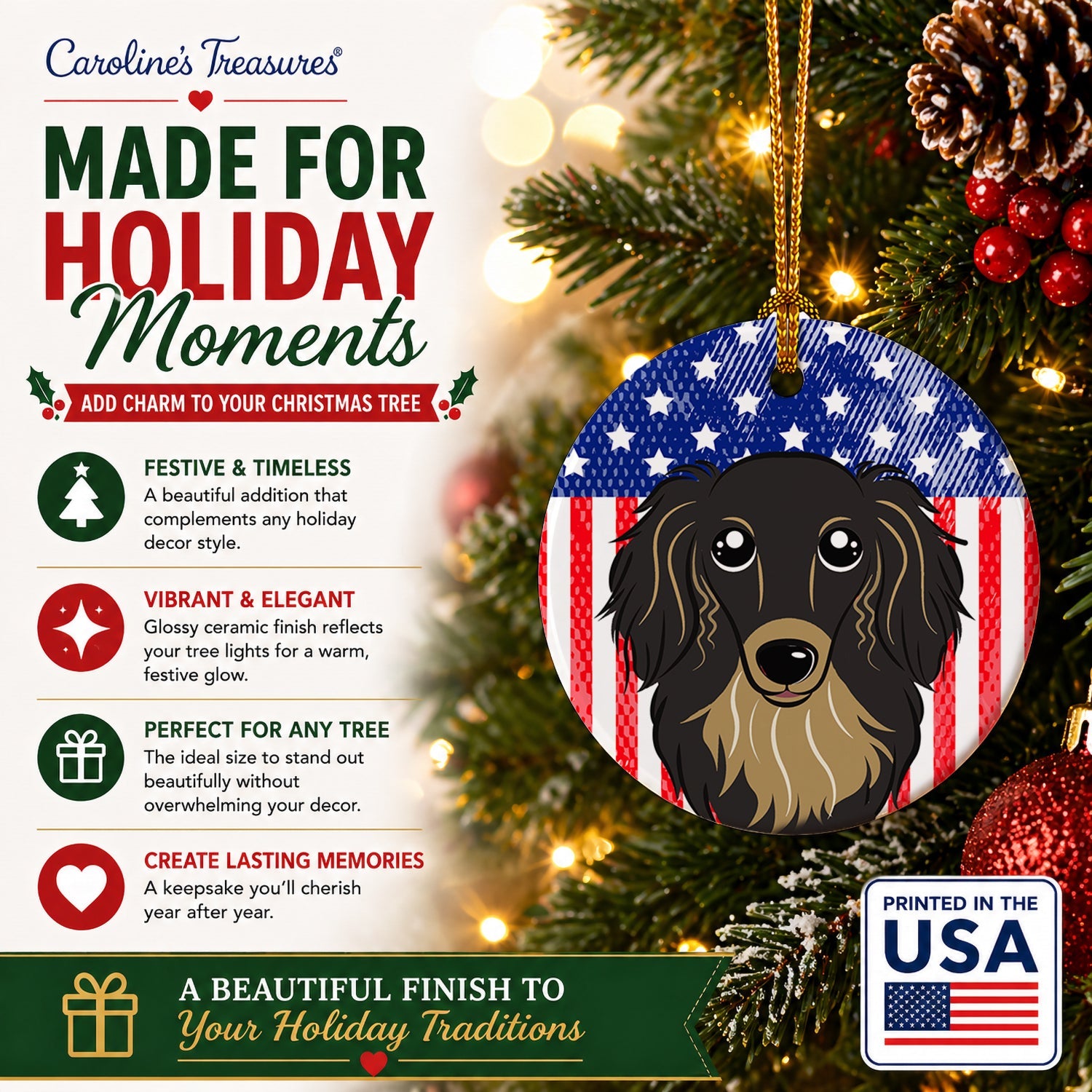 American Flag and Longhair Black and Tan Dachshund Ceramic Ornament Christmas Tree Hanging Decorations for Home Christmas Holiday, Party, Gift, 3 in, Multicolor