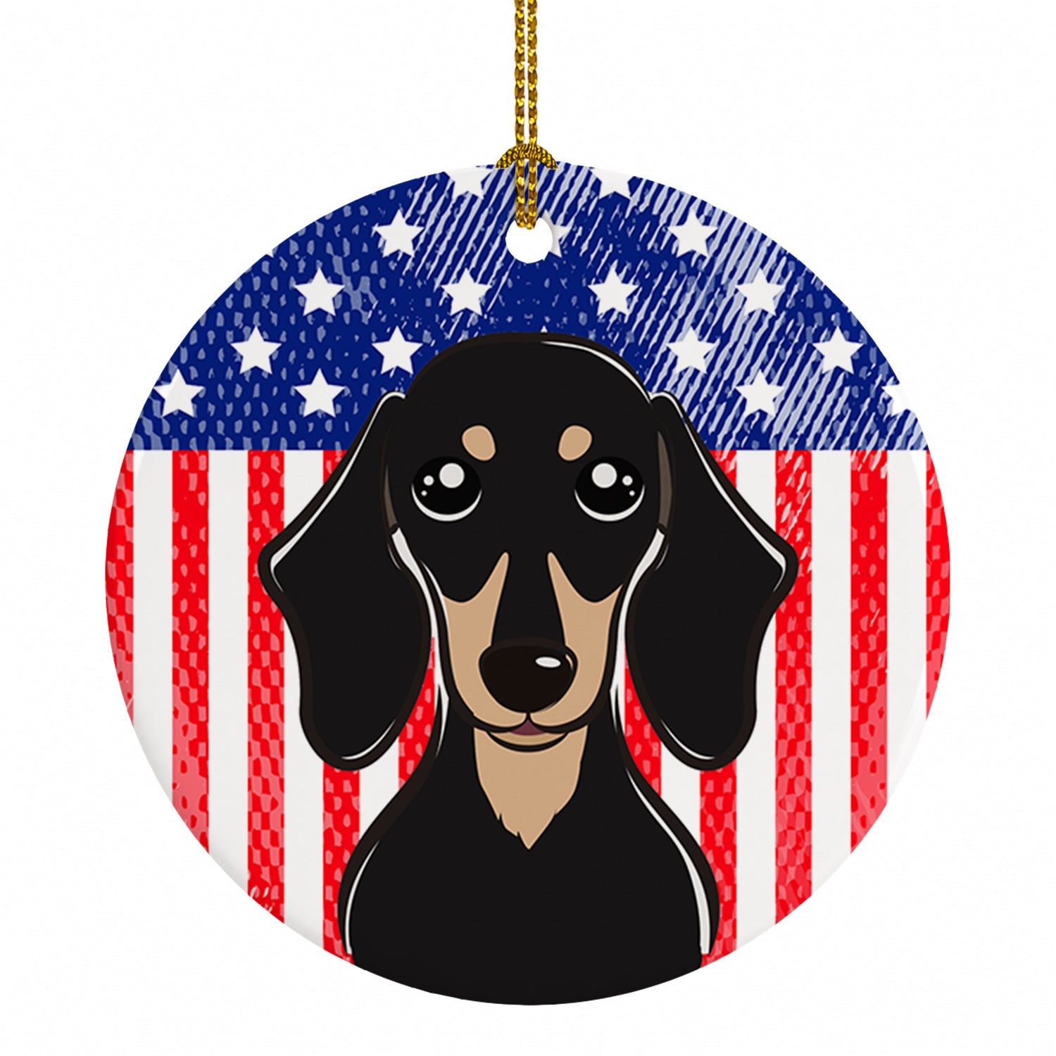 American Flag and Smooth Black and Tan Dachshund Ceramic Ornament Christmas Tree Hanging Decorations for Home Christmas Holiday, Party, Gift, 3 in, Multicolor