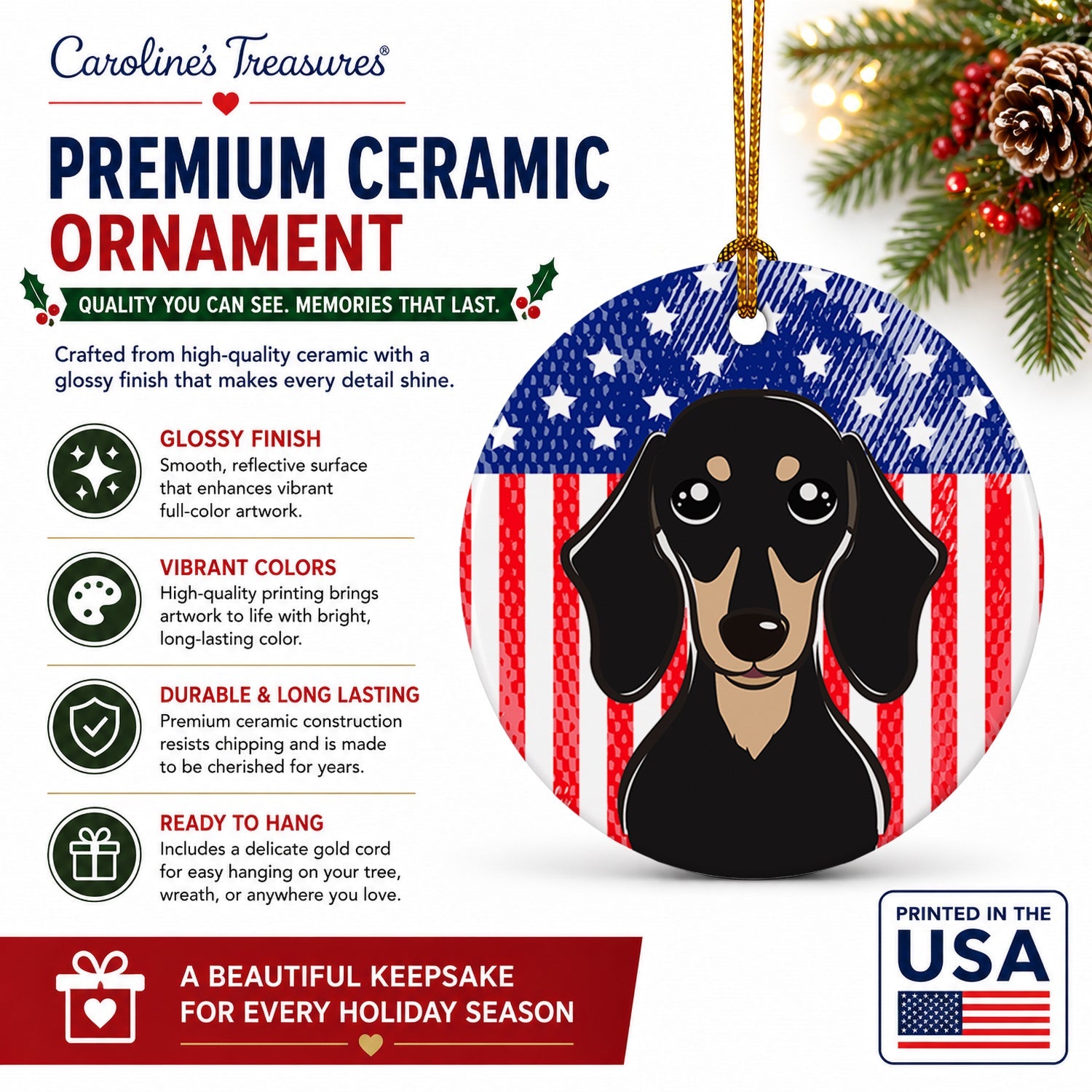 American Flag and Smooth Black and Tan Dachshund Ceramic Ornament Christmas Tree Hanging Decorations for Home Christmas Holiday, Party, Gift, 3 in, Multicolor