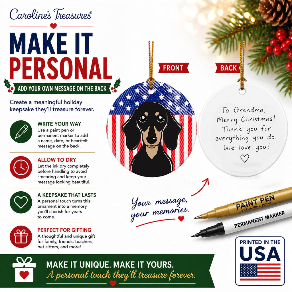 American Flag and Smooth Black and Tan Dachshund Ceramic Ornament Christmas Tree Hanging Decorations for Home Christmas Holiday, Party, Gift, 3 in, Multicolor