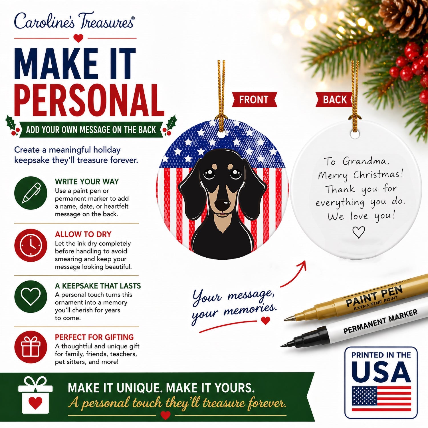 American Flag and Smooth Black and Tan Dachshund Ceramic Ornament Christmas Tree Hanging Decorations for Home Christmas Holiday, Party, Gift, 3 in, Multicolor