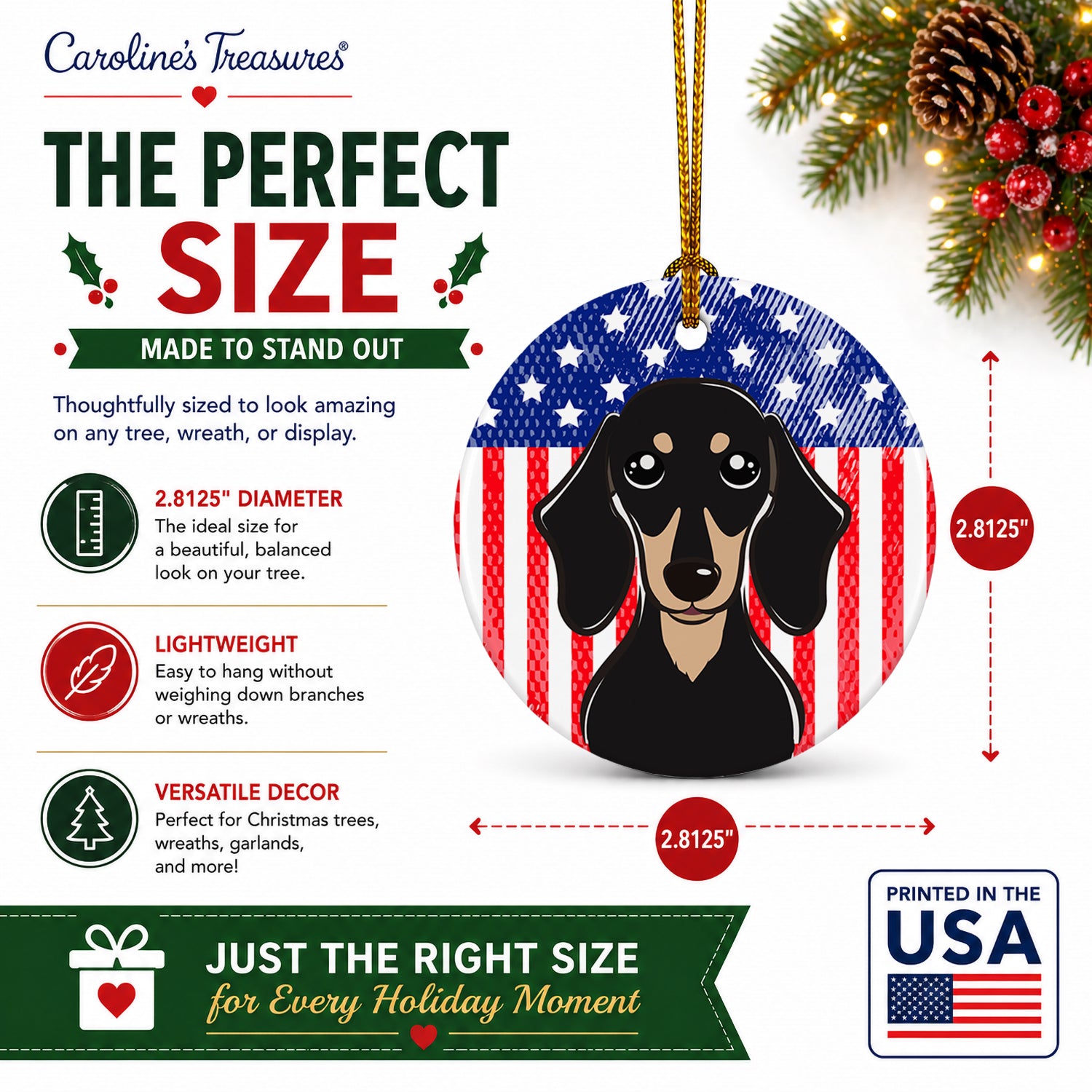 American Flag and Smooth Black and Tan Dachshund Ceramic Ornament Christmas Tree Hanging Decorations for Home Christmas Holiday, Party, Gift, 3 in, Multicolor