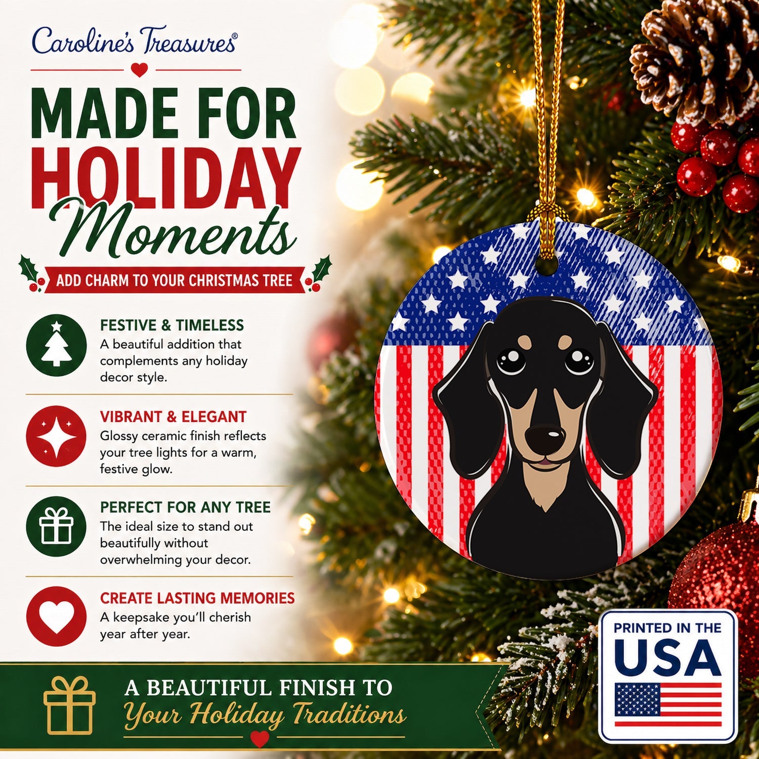 American Flag and Smooth Black and Tan Dachshund Ceramic Ornament Christmas Tree Hanging Decorations for Home Christmas Holiday, Party, Gift, 3 in, Multicolor