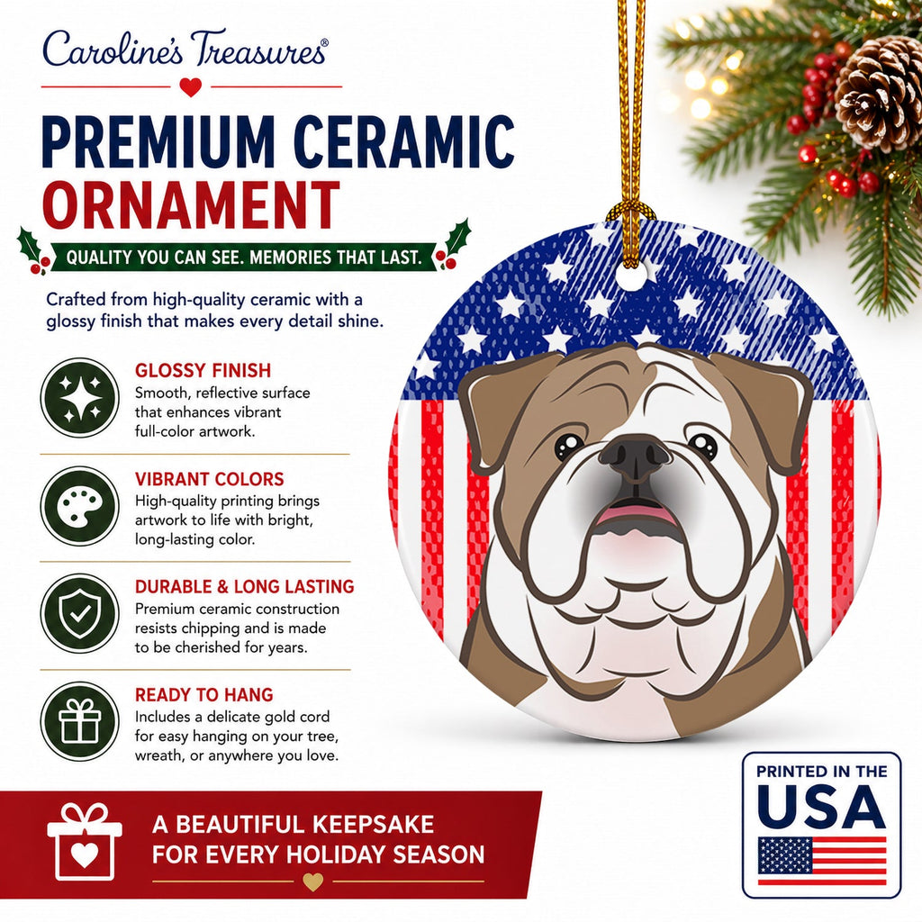 American Flag and English Bulldog  Ceramic Ornament Christmas Tree Hanging Decorations for Home Christmas Holiday, Party, Gift, 3 in, Multicolor