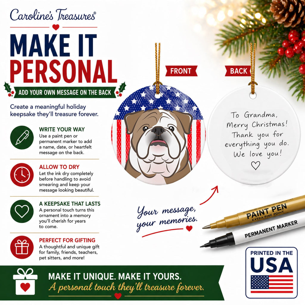 American Flag and English Bulldog  Ceramic Ornament Christmas Tree Hanging Decorations for Home Christmas Holiday, Party, Gift, 3 in, Multicolor