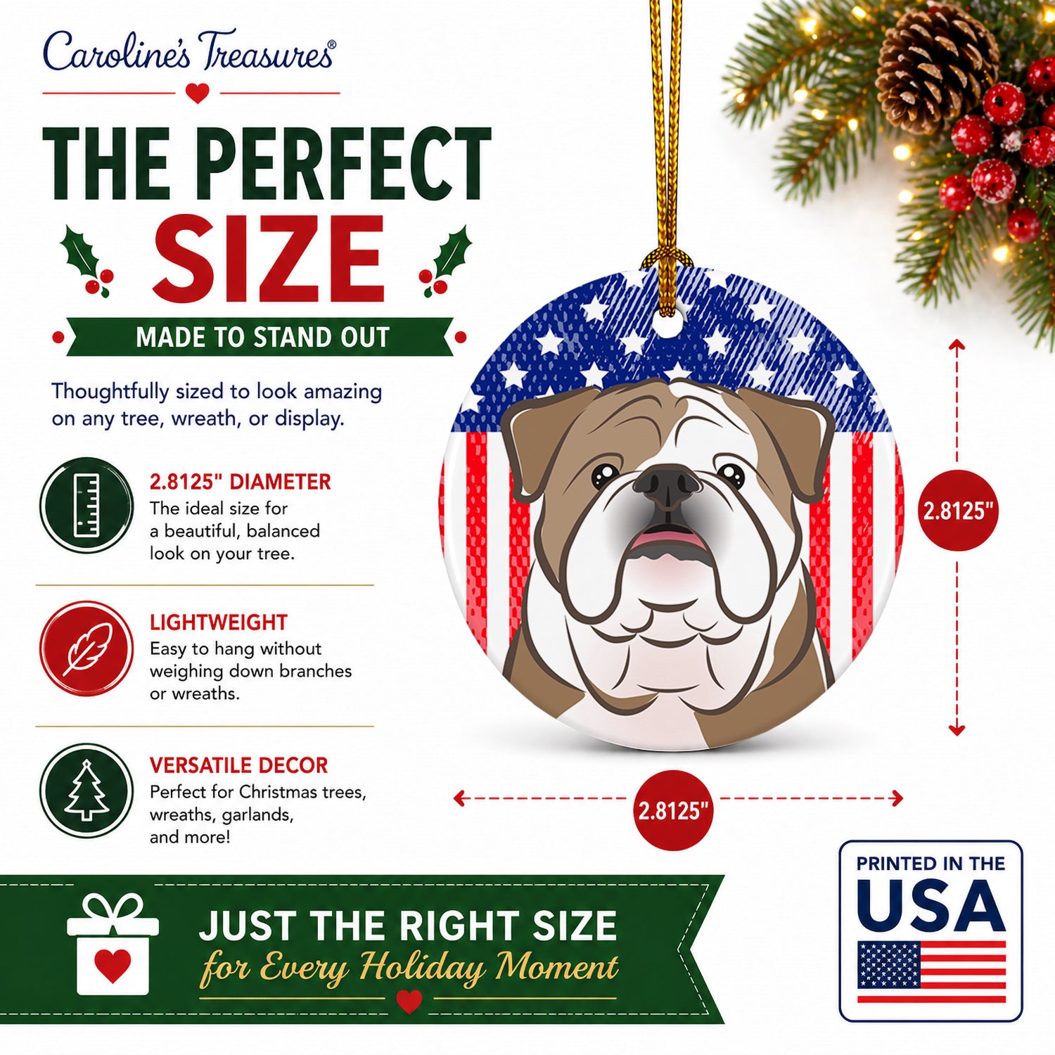 American Flag and English Bulldog  Ceramic Ornament Christmas Tree Hanging Decorations for Home Christmas Holiday, Party, Gift, 3 in, Multicolor