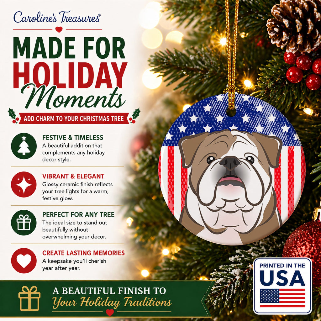 American Flag and English Bulldog  Ceramic Ornament Christmas Tree Hanging Decorations for Home Christmas Holiday, Party, Gift, 3 in, Multicolor