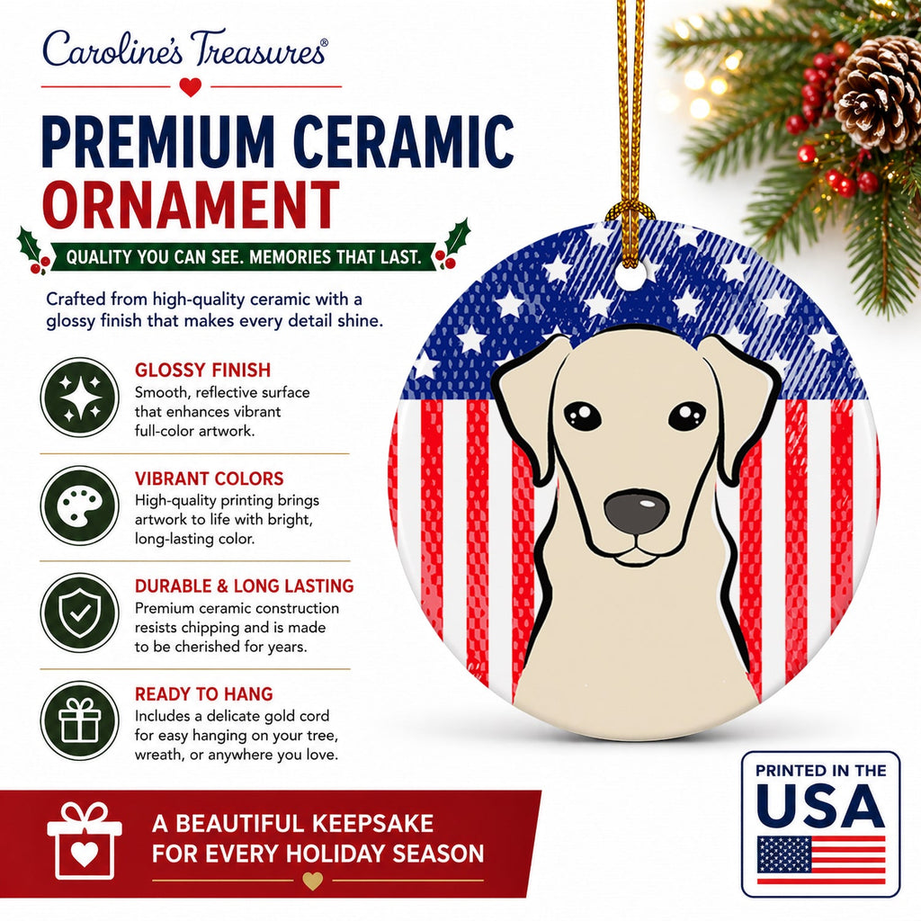 American Flag and Yellow Labrador Ceramic Ornament Christmas Tree Hanging Decorations for Home Christmas Holiday, Party, Gift, 3 in, Multicolor