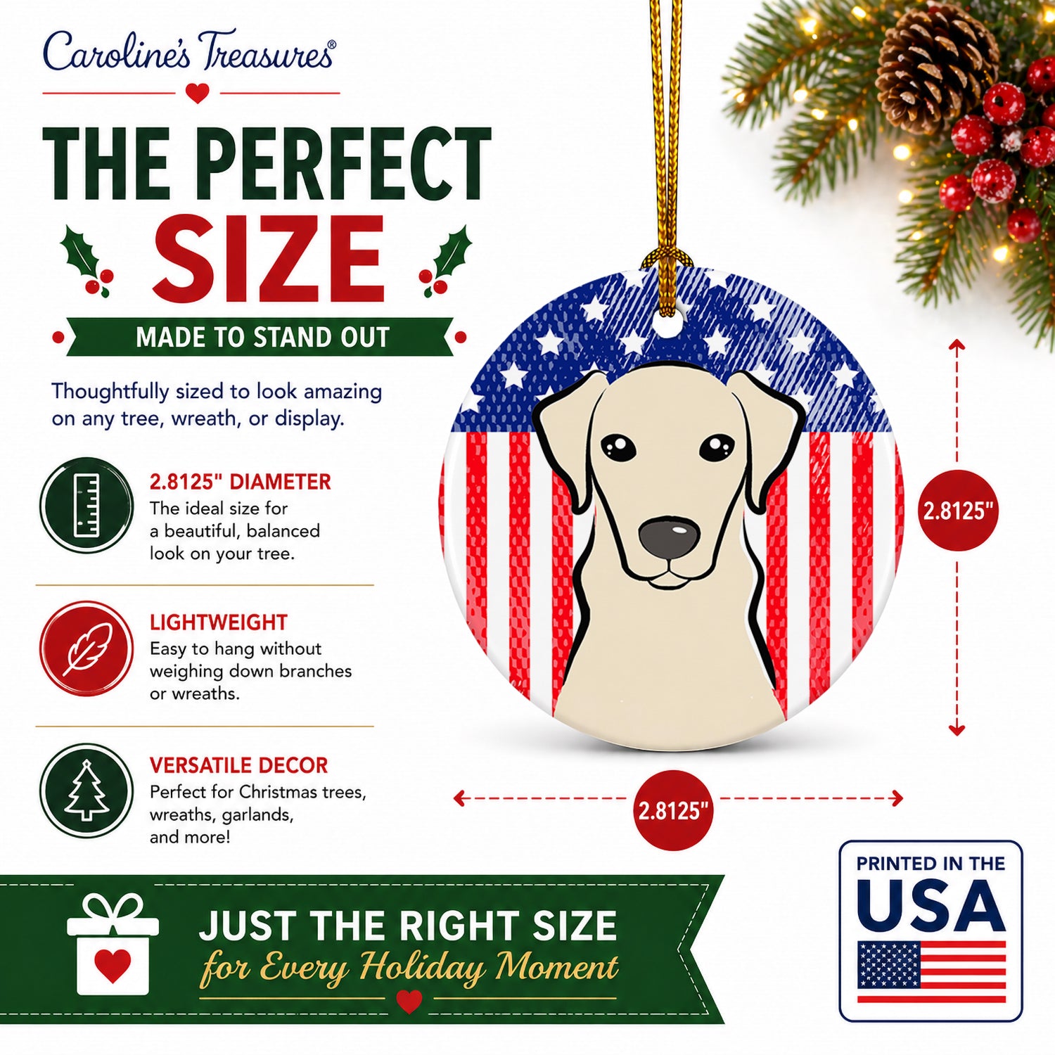 American Flag and Yellow Labrador Ceramic Ornament Christmas Tree Hanging Decorations for Home Christmas Holiday, Party, Gift, 3 in, Multicolor