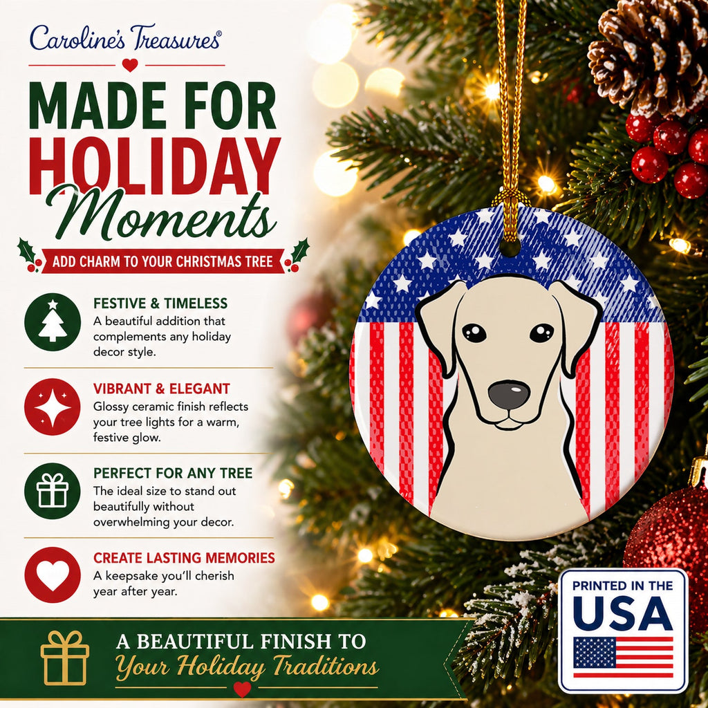 American Flag and Yellow Labrador Ceramic Ornament Christmas Tree Hanging Decorations for Home Christmas Holiday, Party, Gift, 3 in, Multicolor