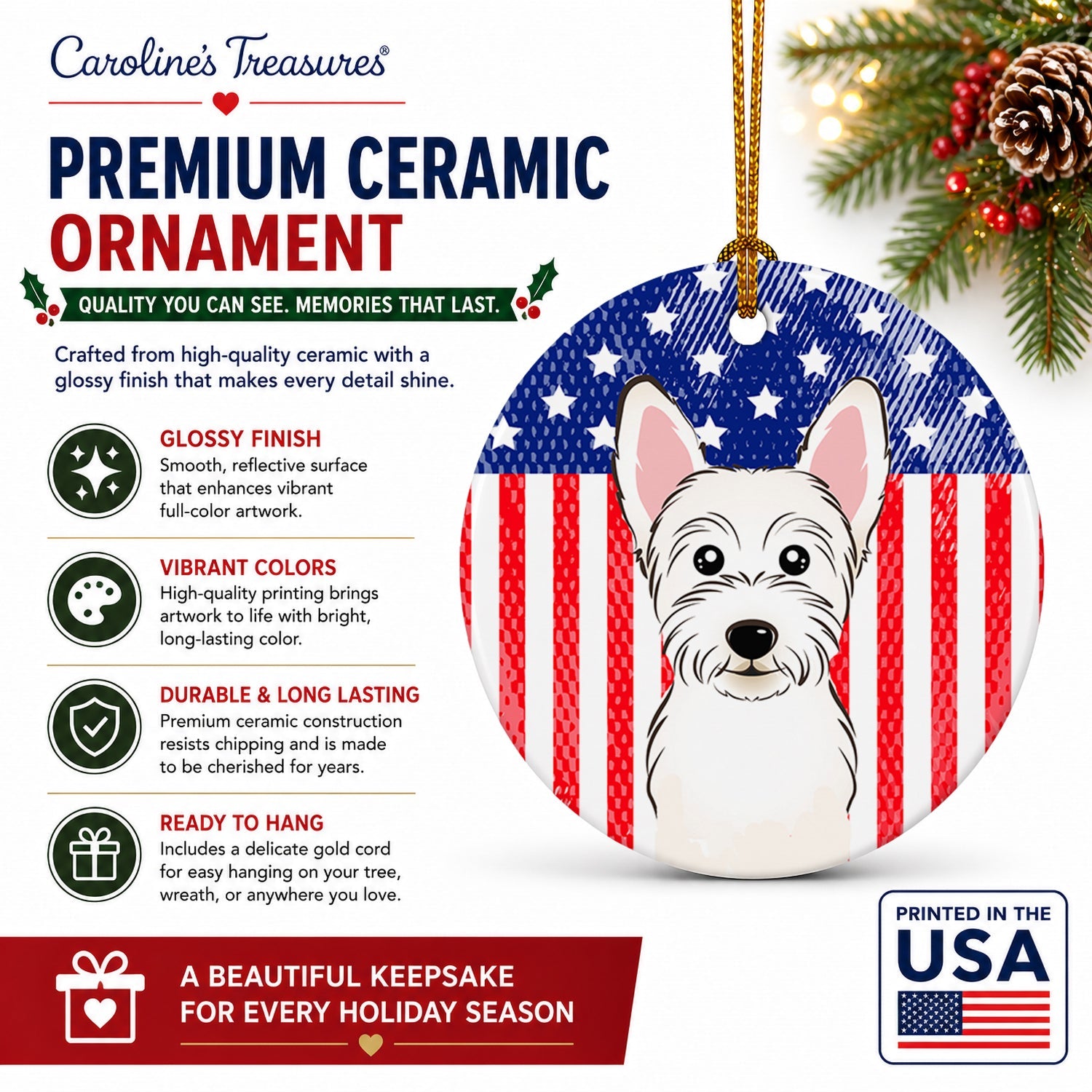 American Flag and Westie Ceramic Ornament Christmas Tree Hanging Decorations for Home Christmas Holiday, Party, Gift, 3 in, Multicolor