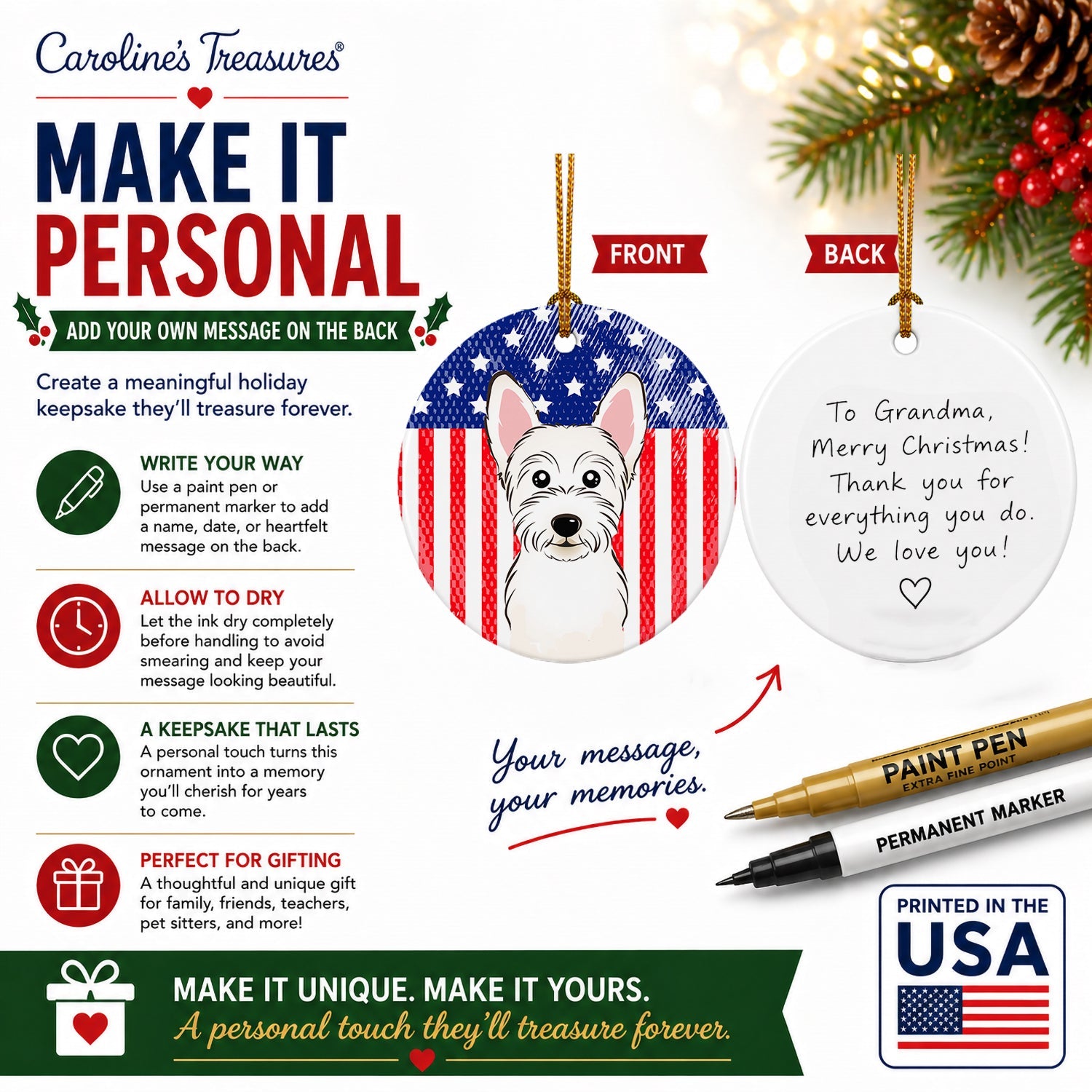 American Flag and Westie Ceramic Ornament Christmas Tree Hanging Decorations for Home Christmas Holiday, Party, Gift, 3 in, Multicolor