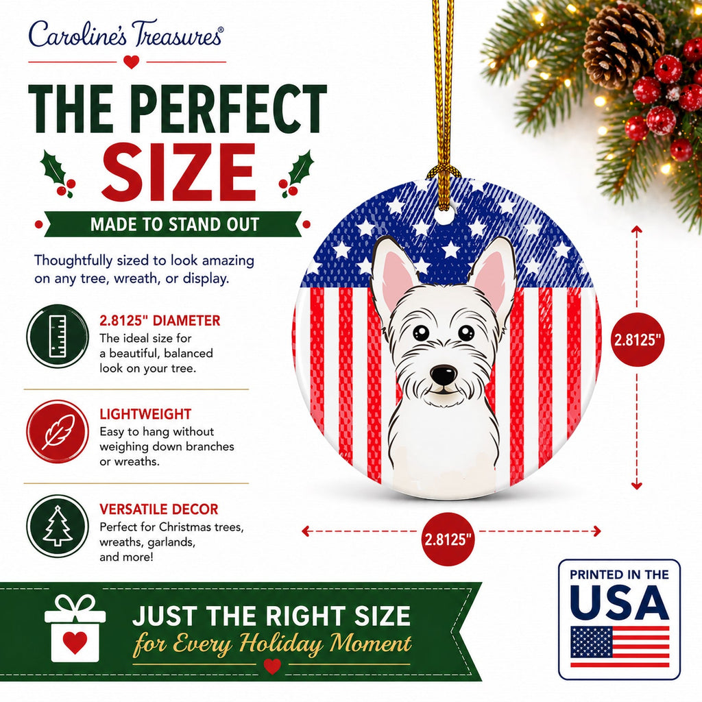 American Flag and Westie Ceramic Ornament Christmas Tree Hanging Decorations for Home Christmas Holiday, Party, Gift, 3 in, Multicolor