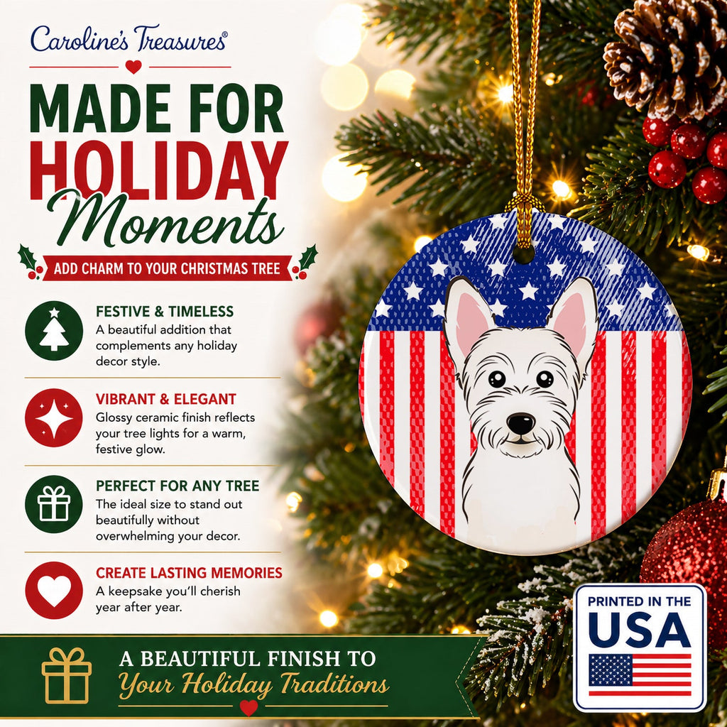 American Flag and Westie Ceramic Ornament Christmas Tree Hanging Decorations for Home Christmas Holiday, Party, Gift, 3 in, Multicolor