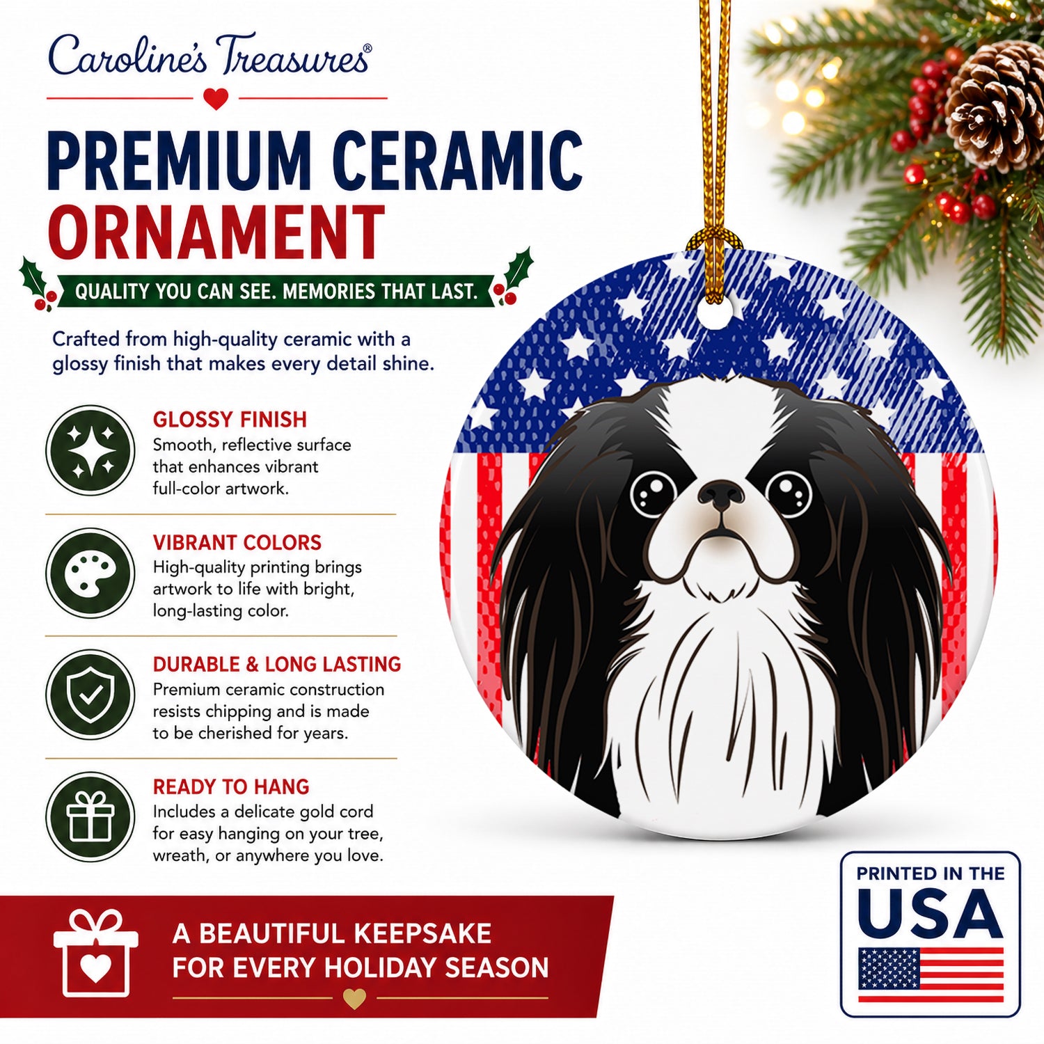 American Flag and Japanese Chin Ceramic Ornament Christmas Tree Hanging Decorations for Home Christmas Holiday, Party, Gift, 3 in, Multicolor