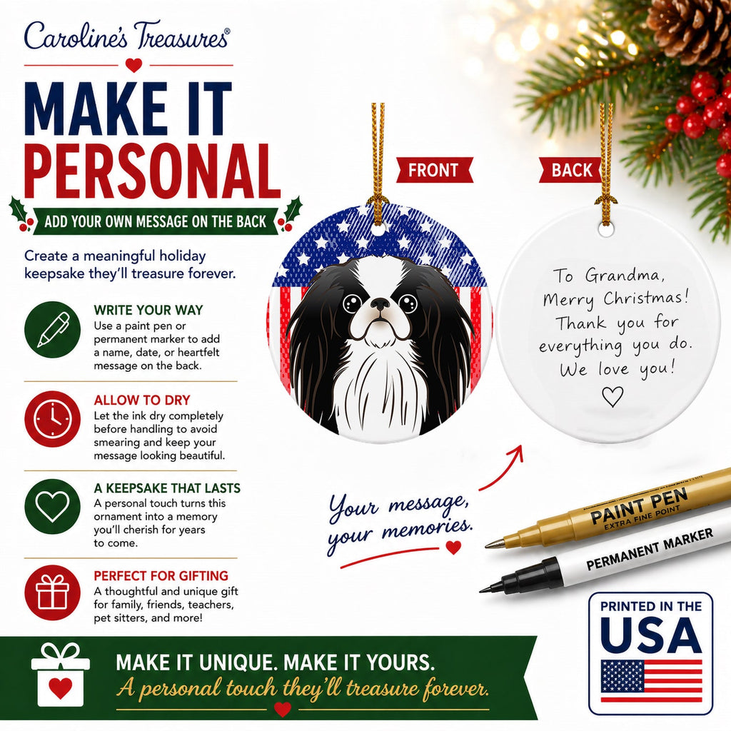American Flag and Japanese Chin Ceramic Ornament Christmas Tree Hanging Decorations for Home Christmas Holiday, Party, Gift, 3 in, Multicolor