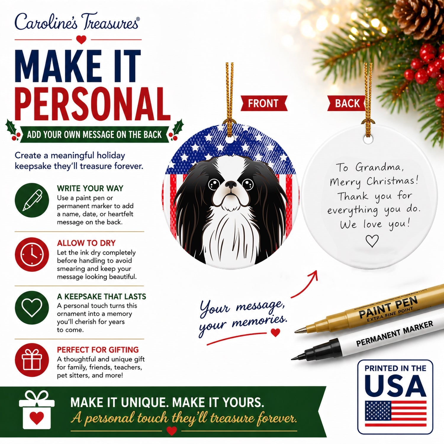 American Flag and Japanese Chin Ceramic Ornament Christmas Tree Hanging Decorations for Home Christmas Holiday, Party, Gift, 3 in, Multicolor