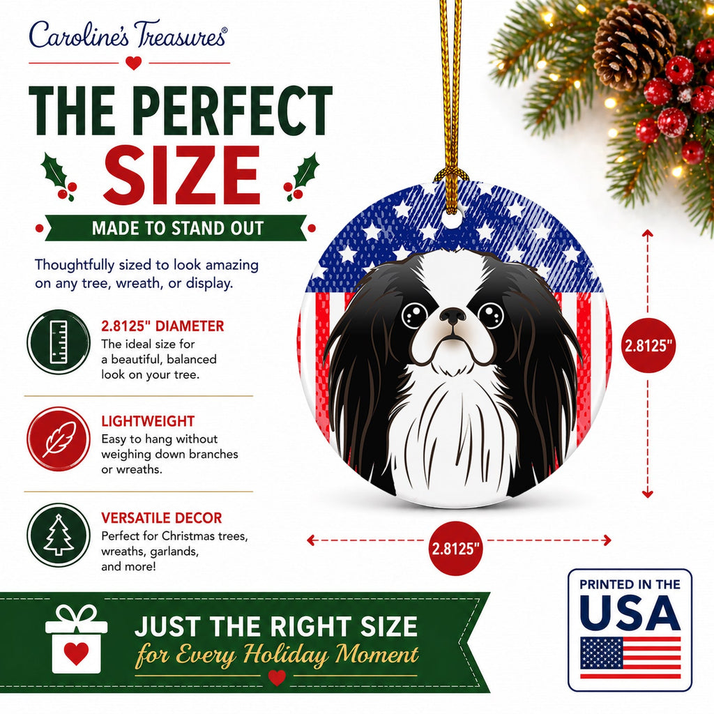 American Flag and Japanese Chin Ceramic Ornament Christmas Tree Hanging Decorations for Home Christmas Holiday, Party, Gift, 3 in, Multicolor
