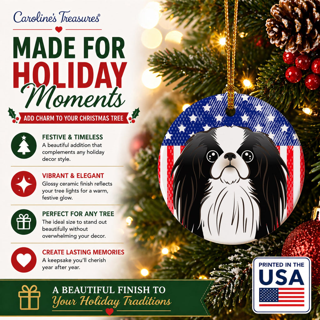 American Flag and Japanese Chin Ceramic Ornament Christmas Tree Hanging Decorations for Home Christmas Holiday, Party, Gift, 3 in, Multicolor