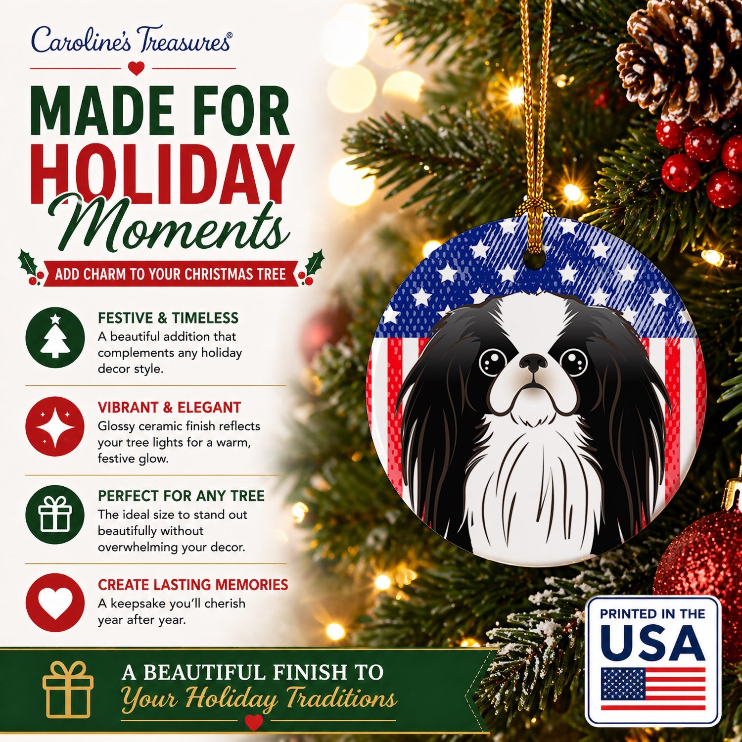 American Flag and Japanese Chin Ceramic Ornament Christmas Tree Hanging Decorations for Home Christmas Holiday, Party, Gift, 3 in, Multicolor