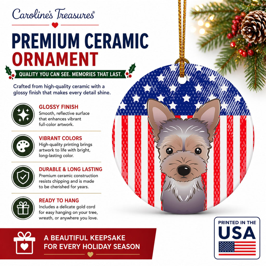 American Flag and Yorkie Puppy Ceramic Ornament Christmas Tree Hanging Decorations for Home Christmas Holiday, Party, Gift, 3 in, Multicolor
