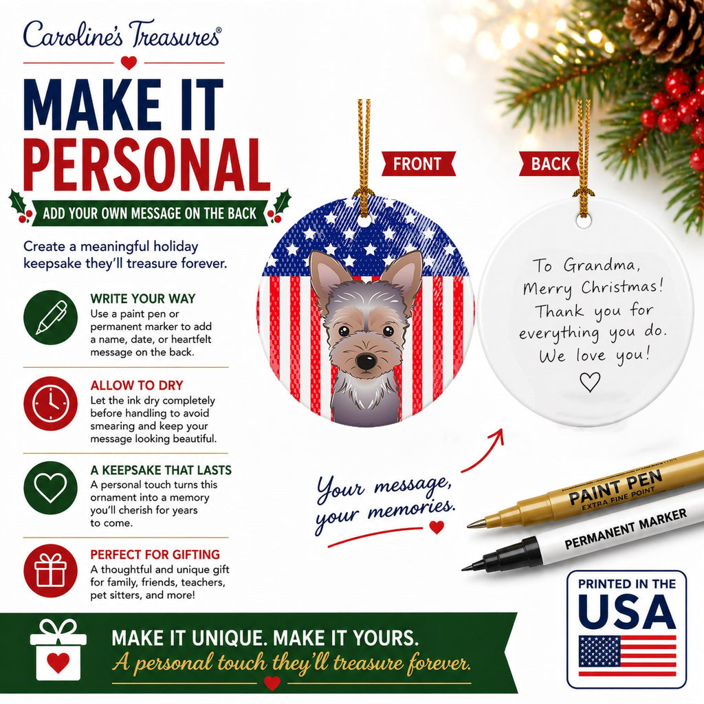 American Flag and Yorkie Puppy Ceramic Ornament Christmas Tree Hanging Decorations for Home Christmas Holiday, Party, Gift, 3 in, Multicolor