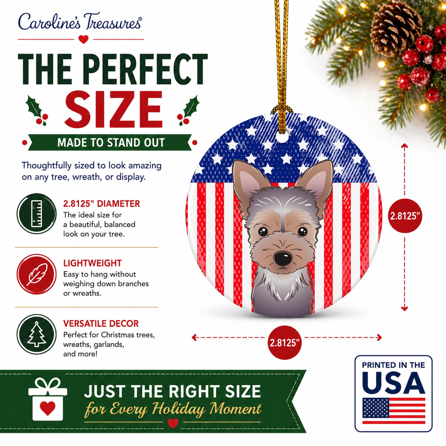 American Flag and Yorkie Puppy Ceramic Ornament Christmas Tree Hanging Decorations for Home Christmas Holiday, Party, Gift, 3 in, Multicolor
