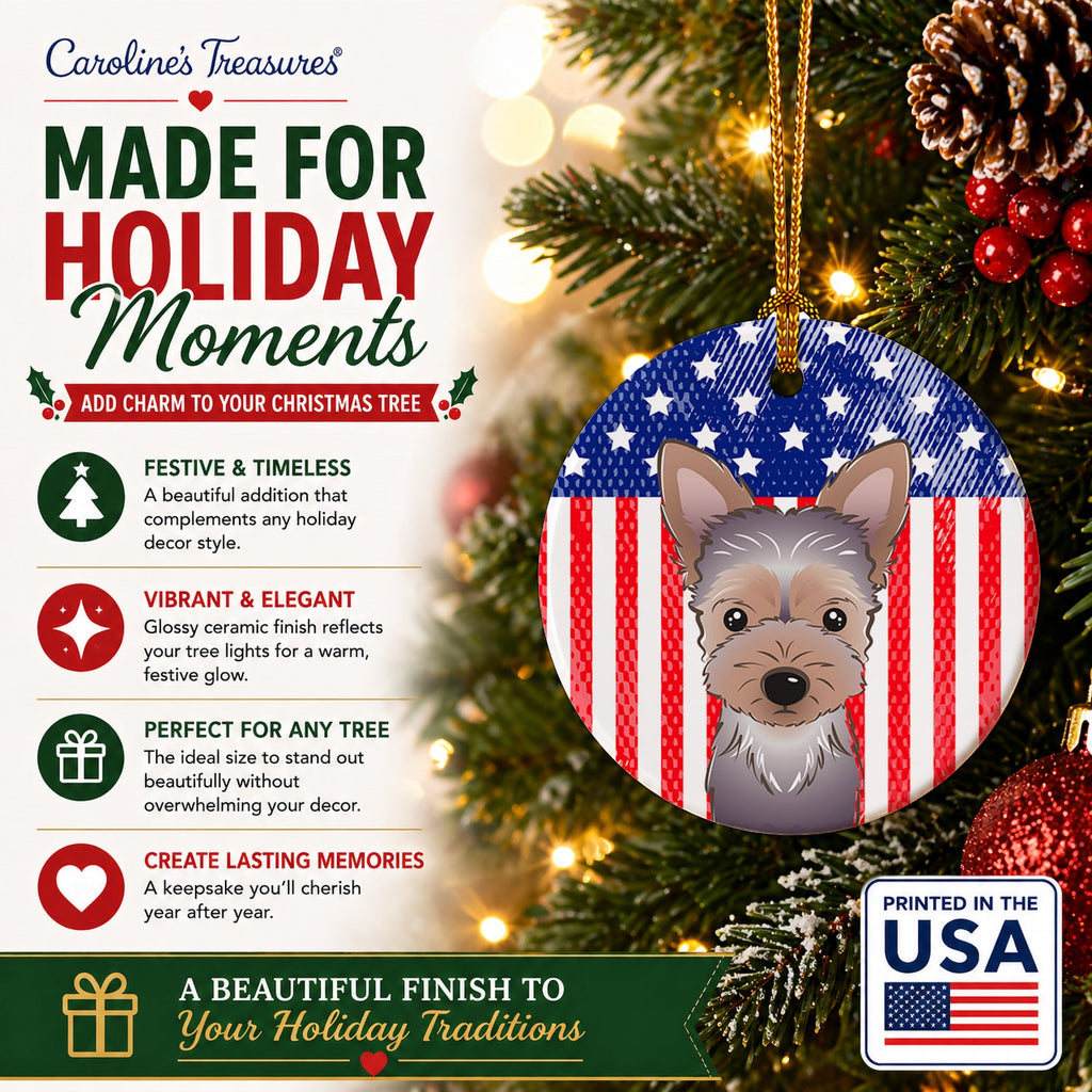 American Flag and Yorkie Puppy Ceramic Ornament Christmas Tree Hanging Decorations for Home Christmas Holiday, Party, Gift, 3 in, Multicolor