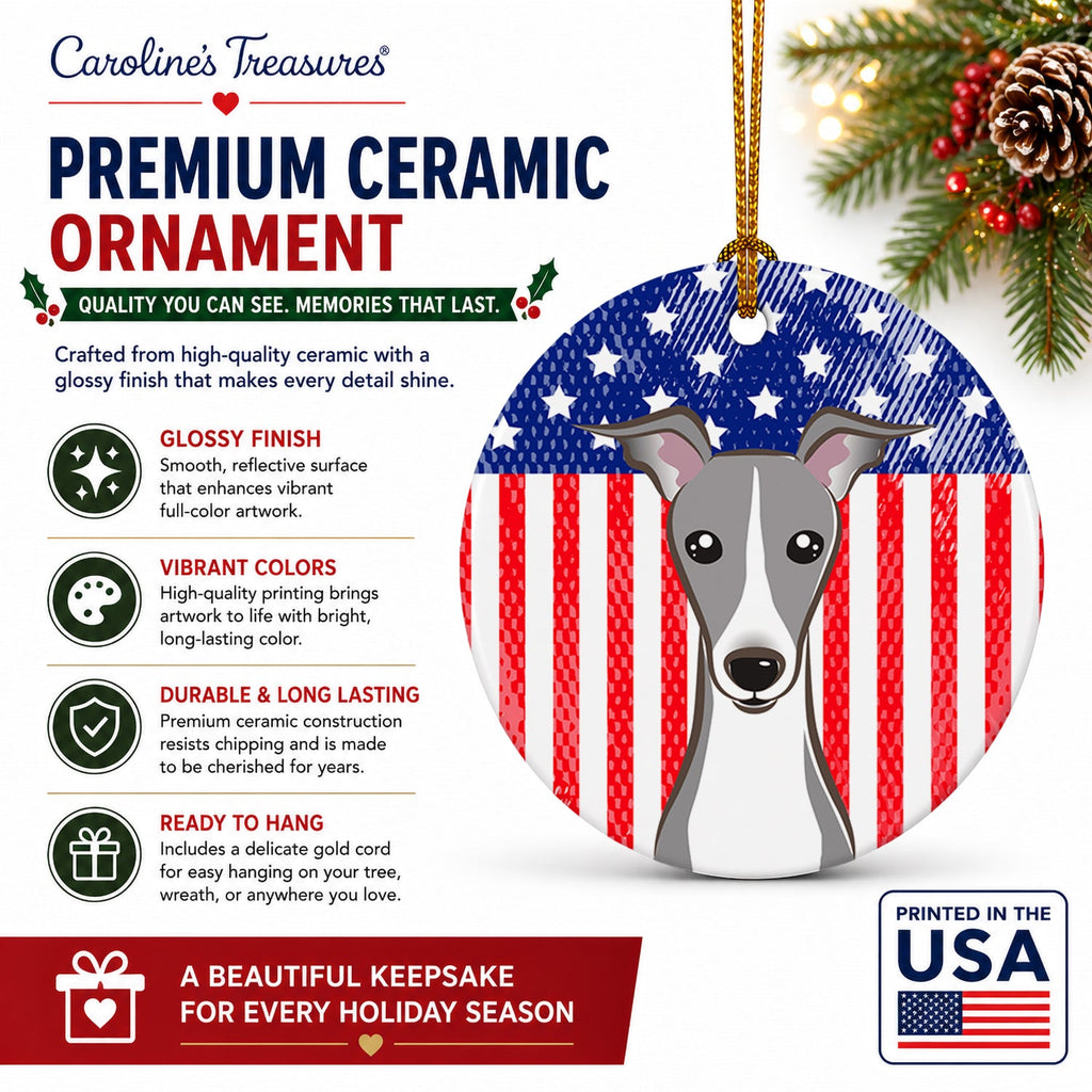 American Flag and Italian Greyhound Ceramic Ornament Christmas Tree Hanging Decorations for Home Christmas Holiday, Party, Gift, 3 in, Multicolor