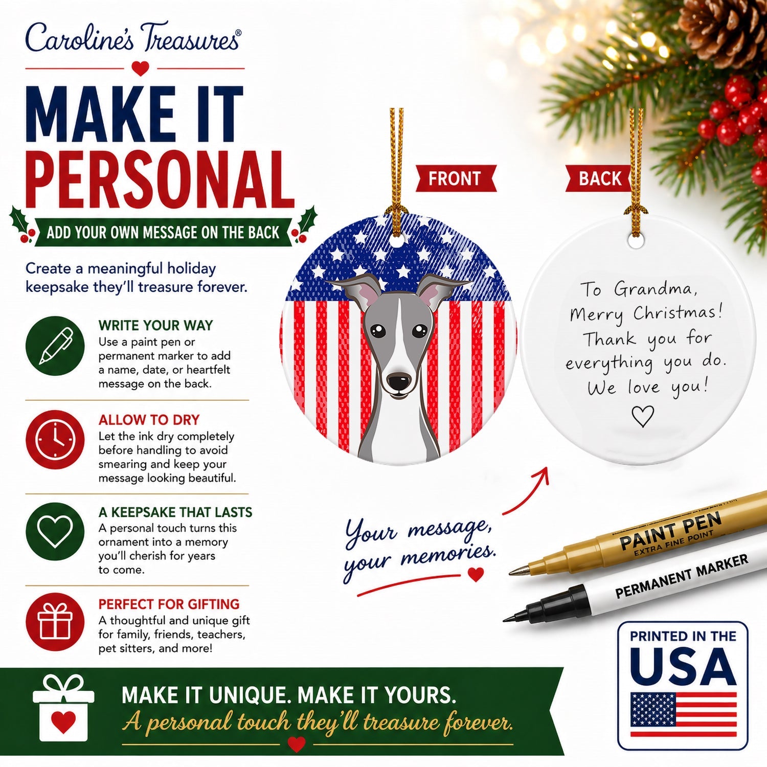 American Flag and Italian Greyhound Ceramic Ornament Christmas Tree Hanging Decorations for Home Christmas Holiday, Party, Gift, 3 in, Multicolor