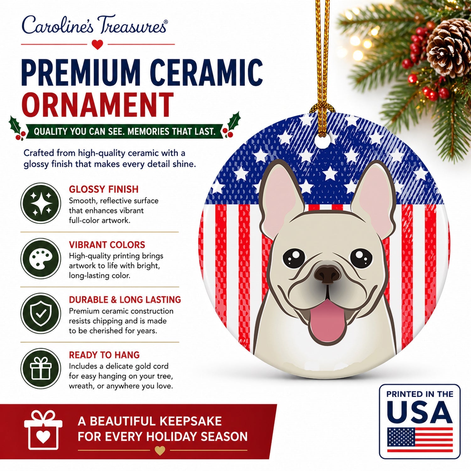 American Flag and French Bulldog Ceramic Ornament Christmas Tree Hanging Decorations for Home Christmas Holiday, Party, Gift, 3 in, Multicolor