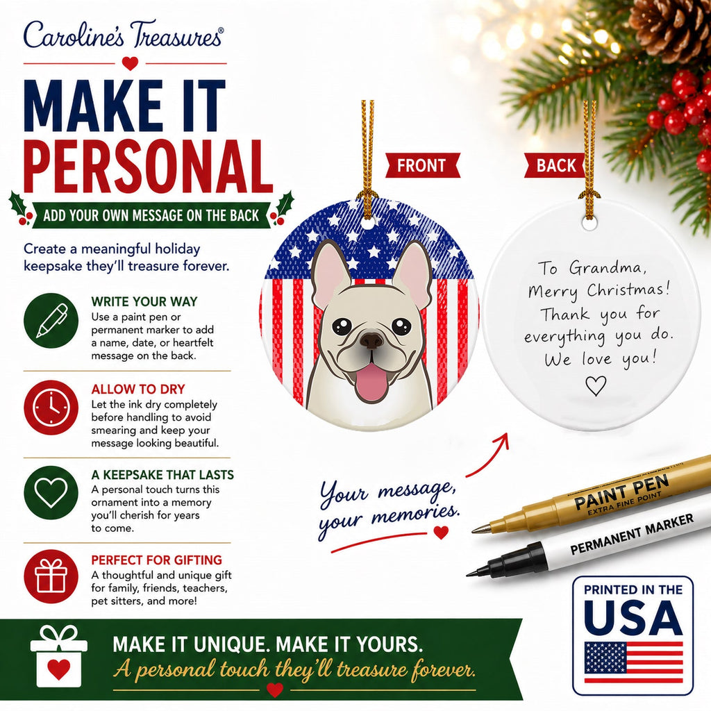 American Flag and French Bulldog Ceramic Ornament Christmas Tree Hanging Decorations for Home Christmas Holiday, Party, Gift, 3 in, Multicolor