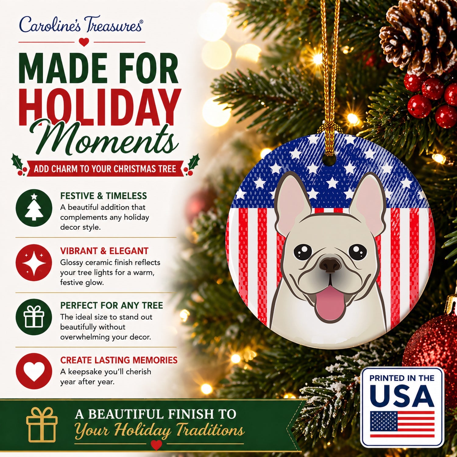 American Flag and French Bulldog Ceramic Ornament Christmas Tree Hanging Decorations for Home Christmas Holiday, Party, Gift, 3 in, Multicolor