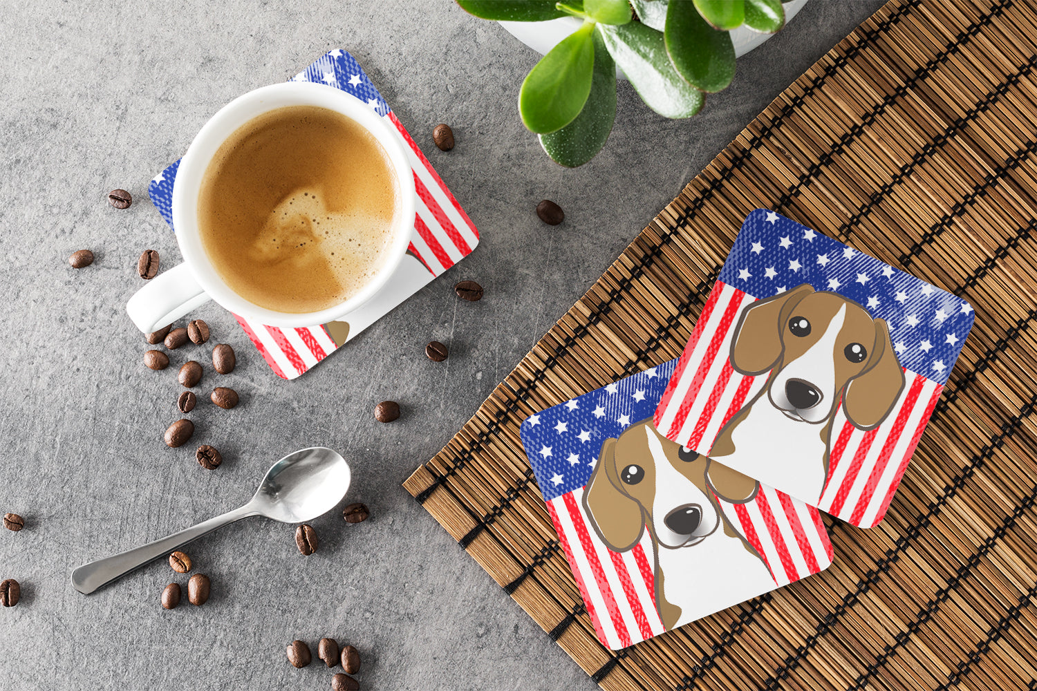 American Flag and Beagle Foam Coasters Set of 4 Cup Coasters for Indoor Outdoor, Tabletop Protection, Anti Slip, Mouse pad Material