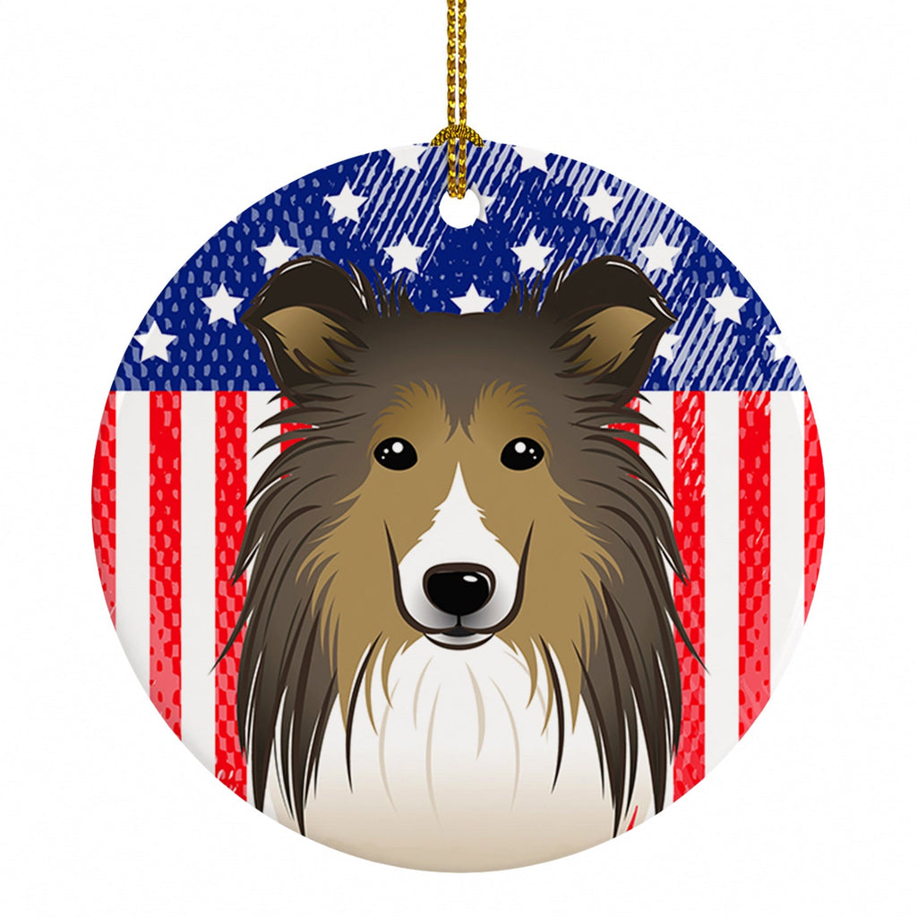 American Flag and Sheltie Ceramic Ornament Christmas Tree Hanging Decorations for Home Christmas Holiday, Party, Gift, 3 in, Multicolor