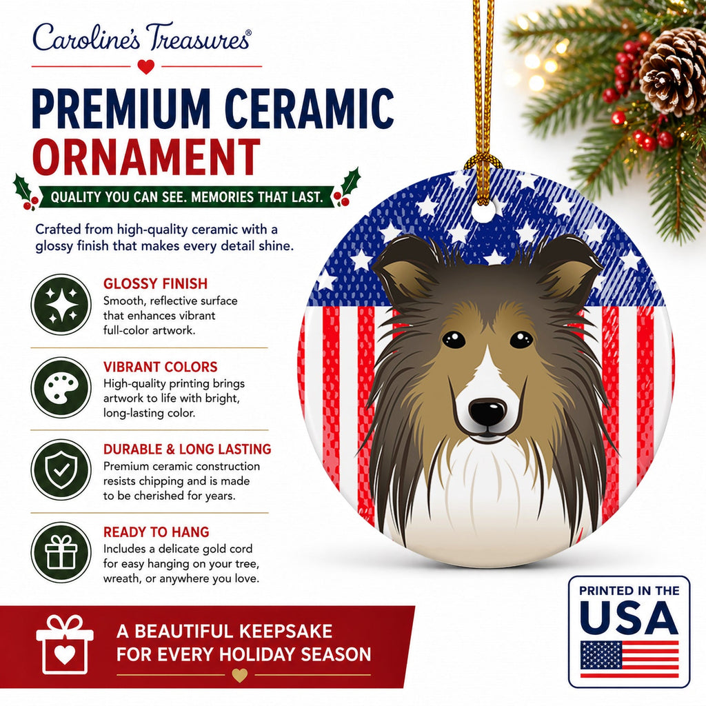 American Flag and Sheltie Ceramic Ornament Christmas Tree Hanging Decorations for Home Christmas Holiday, Party, Gift, 3 in, Multicolor