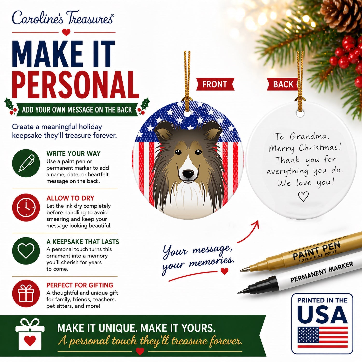 American Flag and Sheltie Ceramic Ornament Christmas Tree Hanging Decorations for Home Christmas Holiday, Party, Gift, 3 in, Multicolor