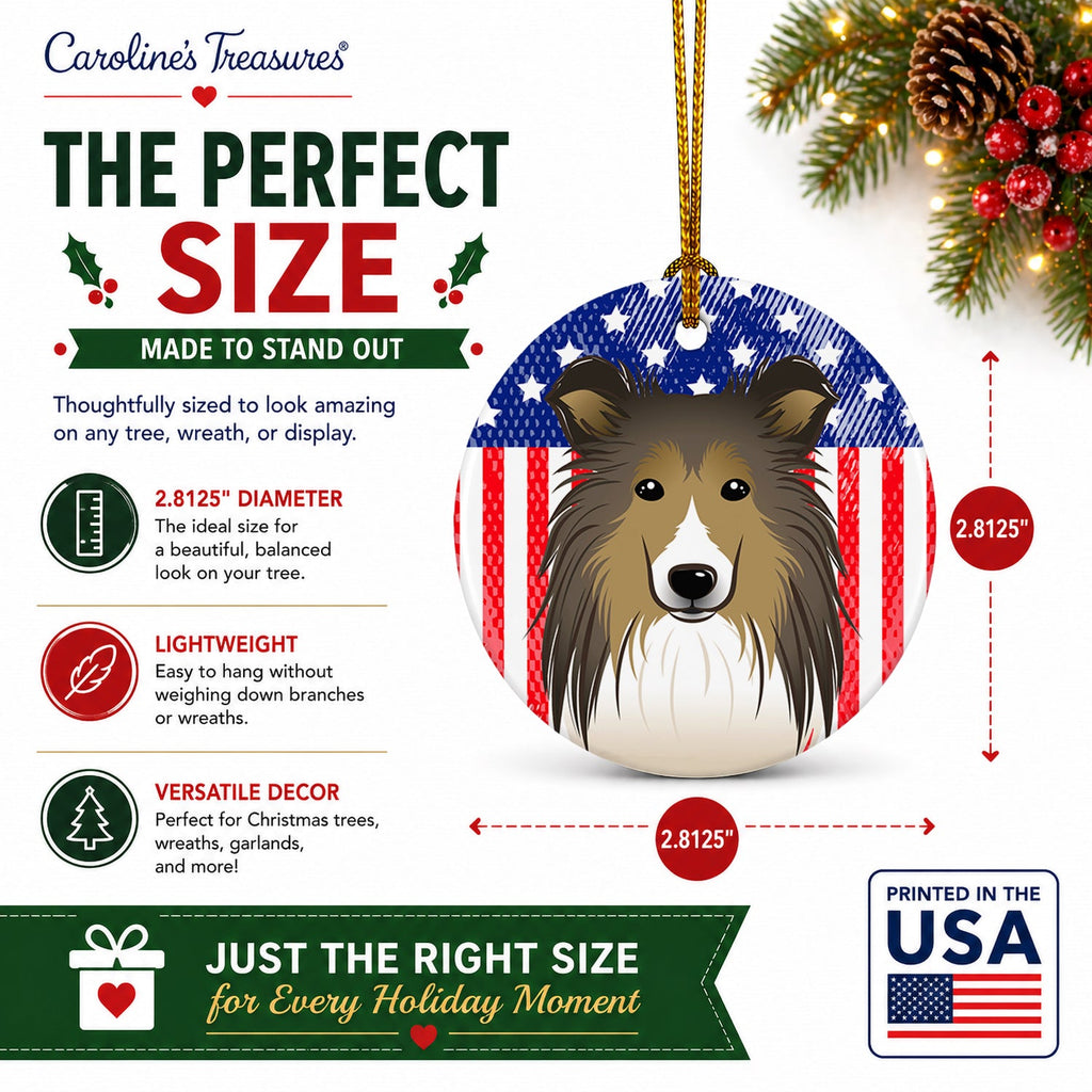 American Flag and Sheltie Ceramic Ornament Christmas Tree Hanging Decorations for Home Christmas Holiday, Party, Gift, 3 in, Multicolor
