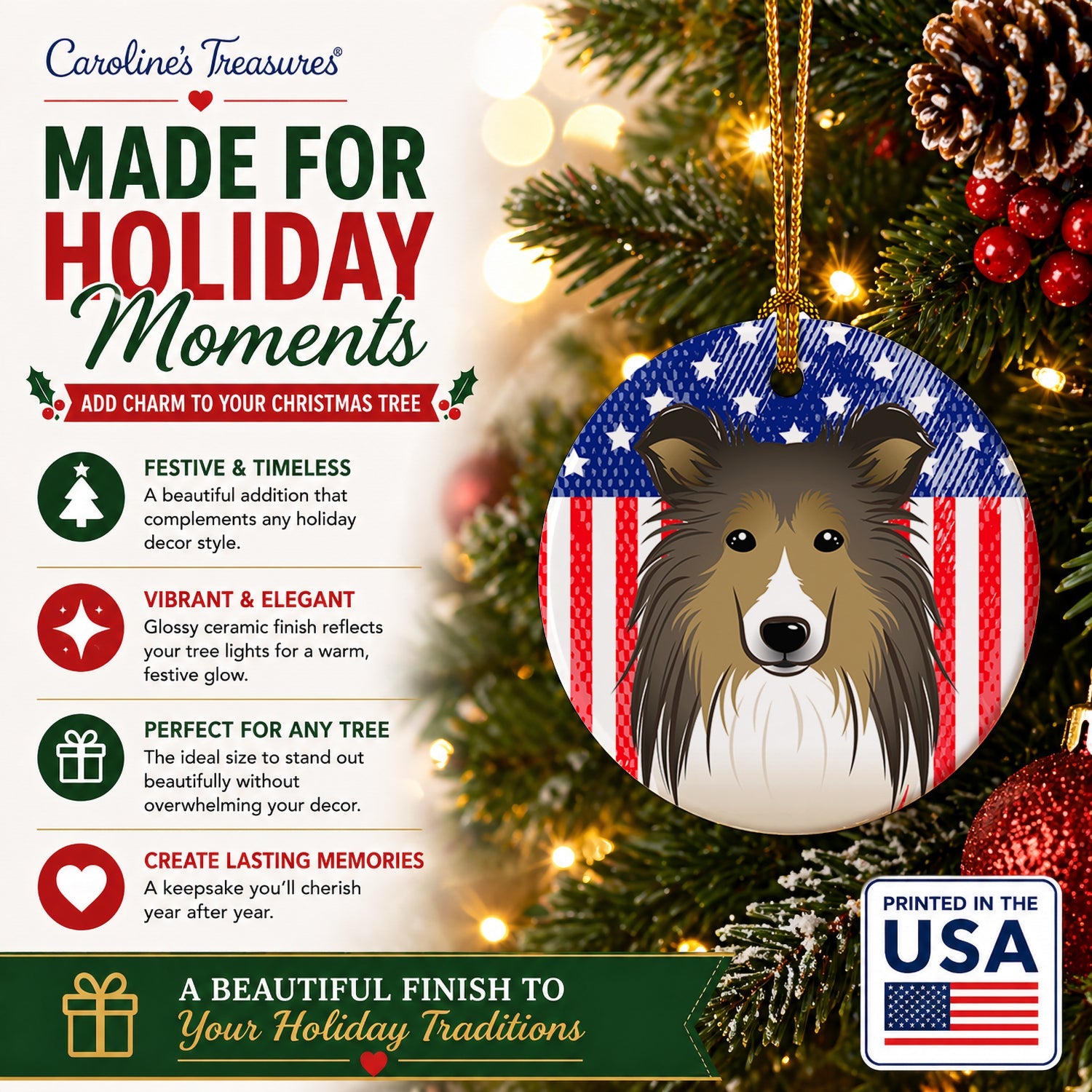American Flag and Sheltie Ceramic Ornament Christmas Tree Hanging Decorations for Home Christmas Holiday, Party, Gift, 3 in, Multicolor