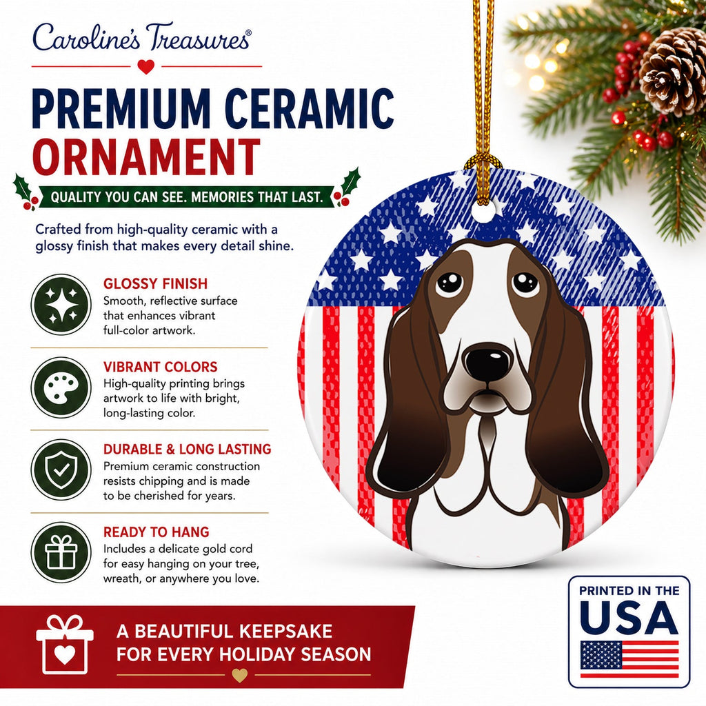 American Flag and Basset Hound Ceramic Ornament Christmas Tree Hanging Decorations for Home Christmas Holiday, Party, Gift, 3 in, Multicolor