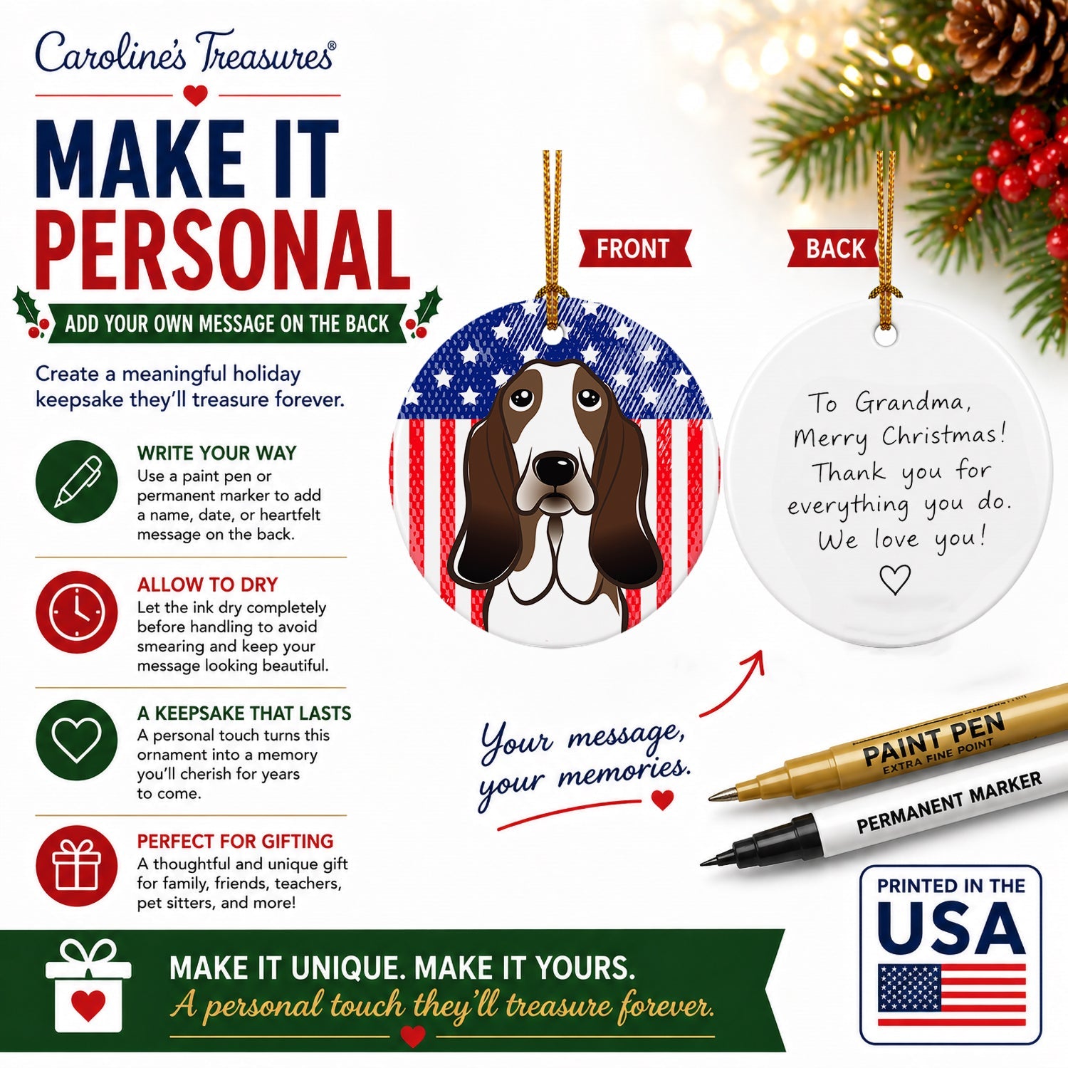 American Flag and Basset Hound Ceramic Ornament Christmas Tree Hanging Decorations for Home Christmas Holiday, Party, Gift, 3 in, Multicolor