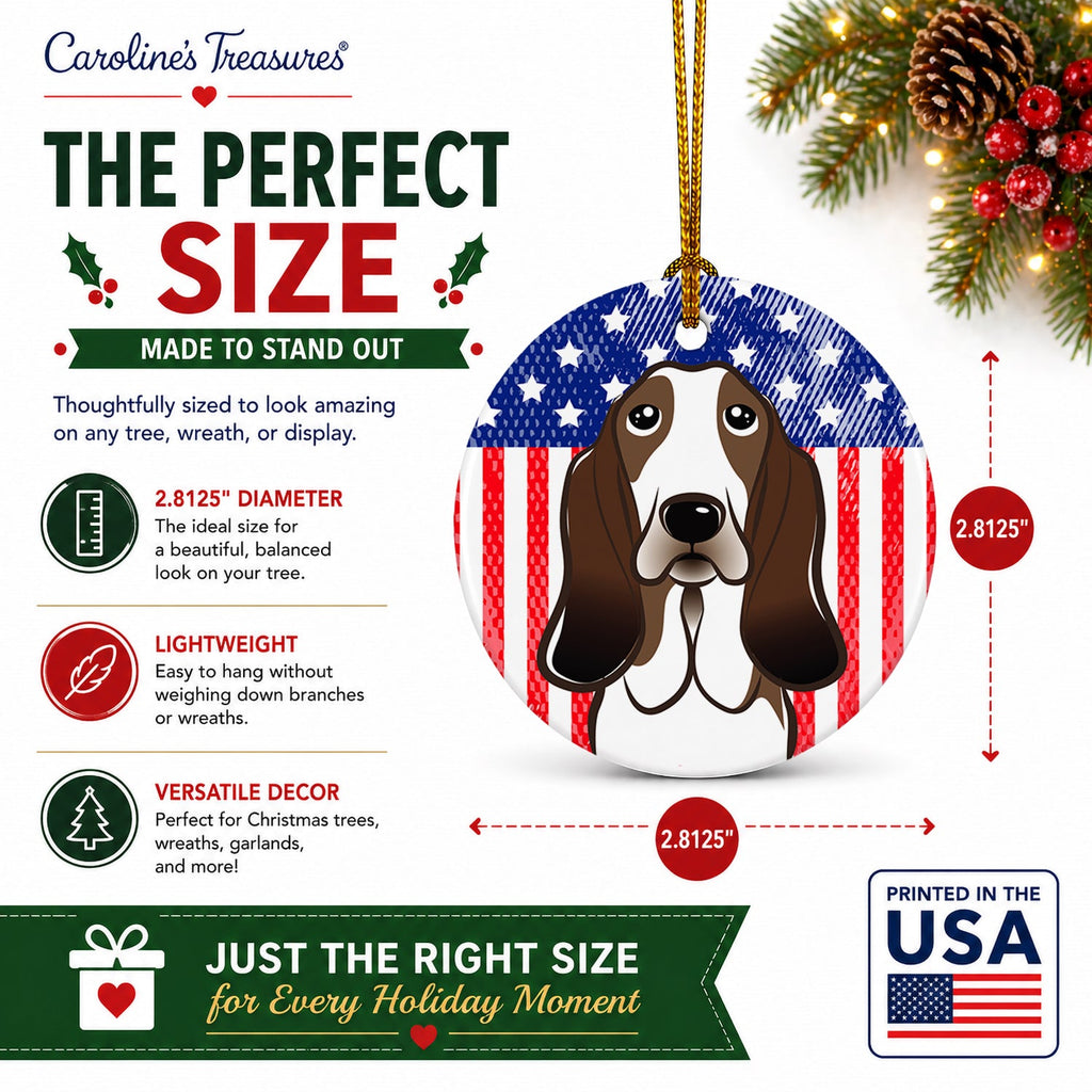 American Flag and Basset Hound Ceramic Ornament Christmas Tree Hanging Decorations for Home Christmas Holiday, Party, Gift, 3 in, Multicolor