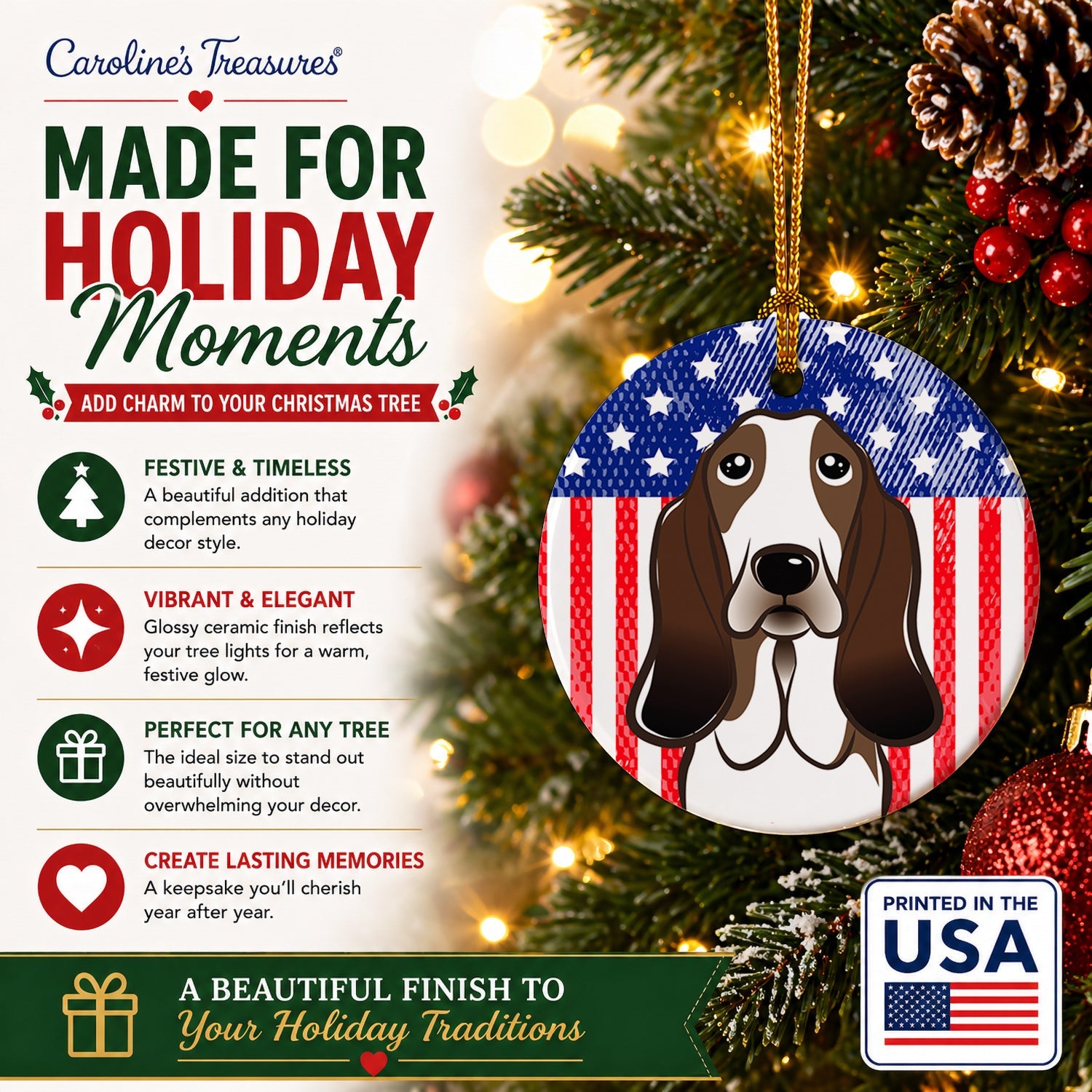 American Flag and Basset Hound Ceramic Ornament Christmas Tree Hanging Decorations for Home Christmas Holiday, Party, Gift, 3 in, Multicolor