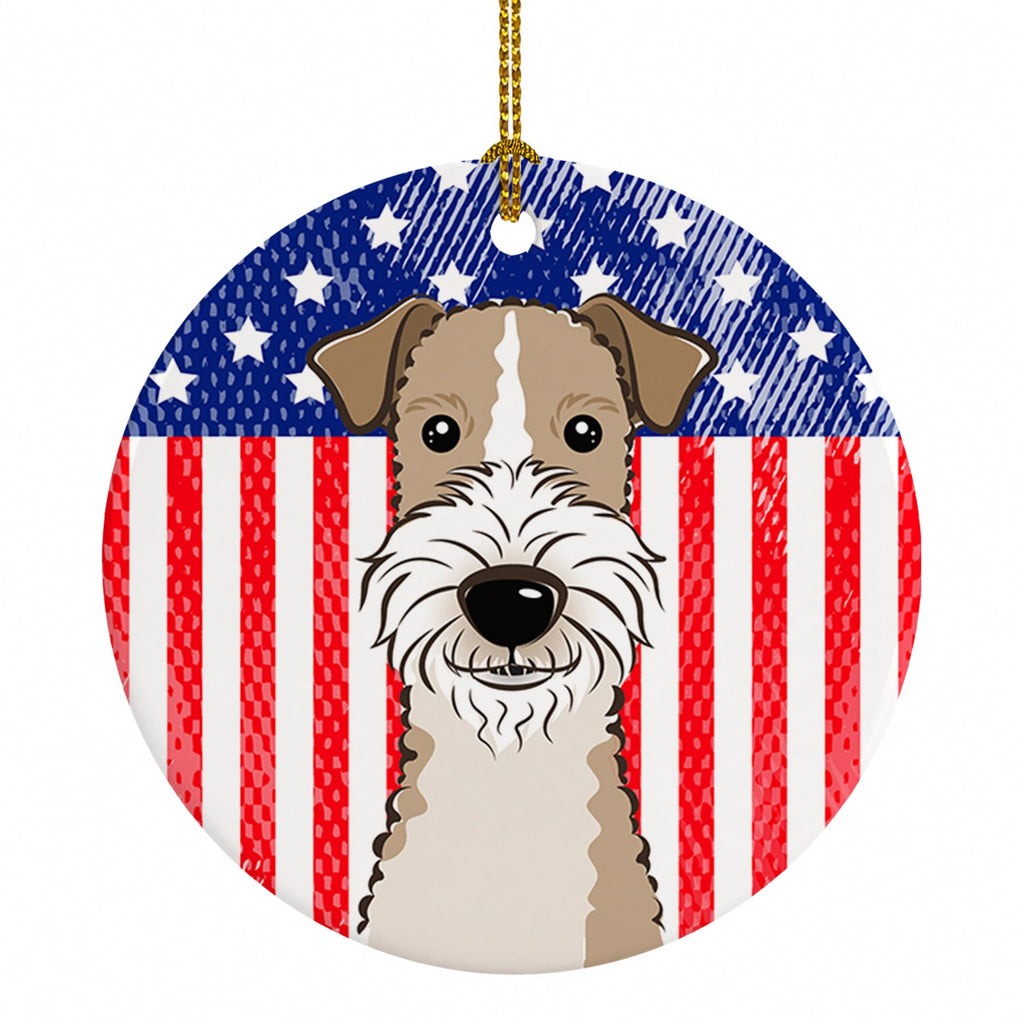 American Flag and Wire Haired Fox Terrier Ceramic Ornament Christmas Tree Hanging Decorations for Home Christmas Holiday, Party, Gift, 3 in, Multicolor