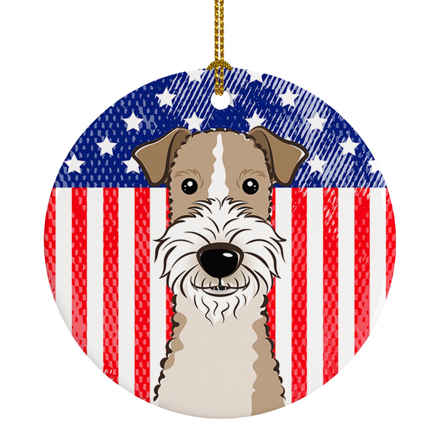 American Flag and Wire Haired Fox Terrier Ceramic Ornament Christmas Tree Hanging Decorations for Home Christmas Holiday, Party, Gift, 3 in, Multicolor