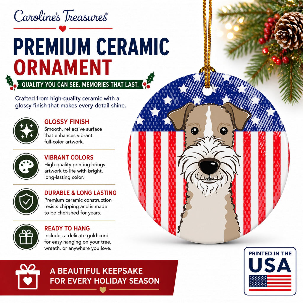 American Flag and Wire Haired Fox Terrier Ceramic Ornament Christmas Tree Hanging Decorations for Home Christmas Holiday, Party, Gift, 3 in, Multicolor