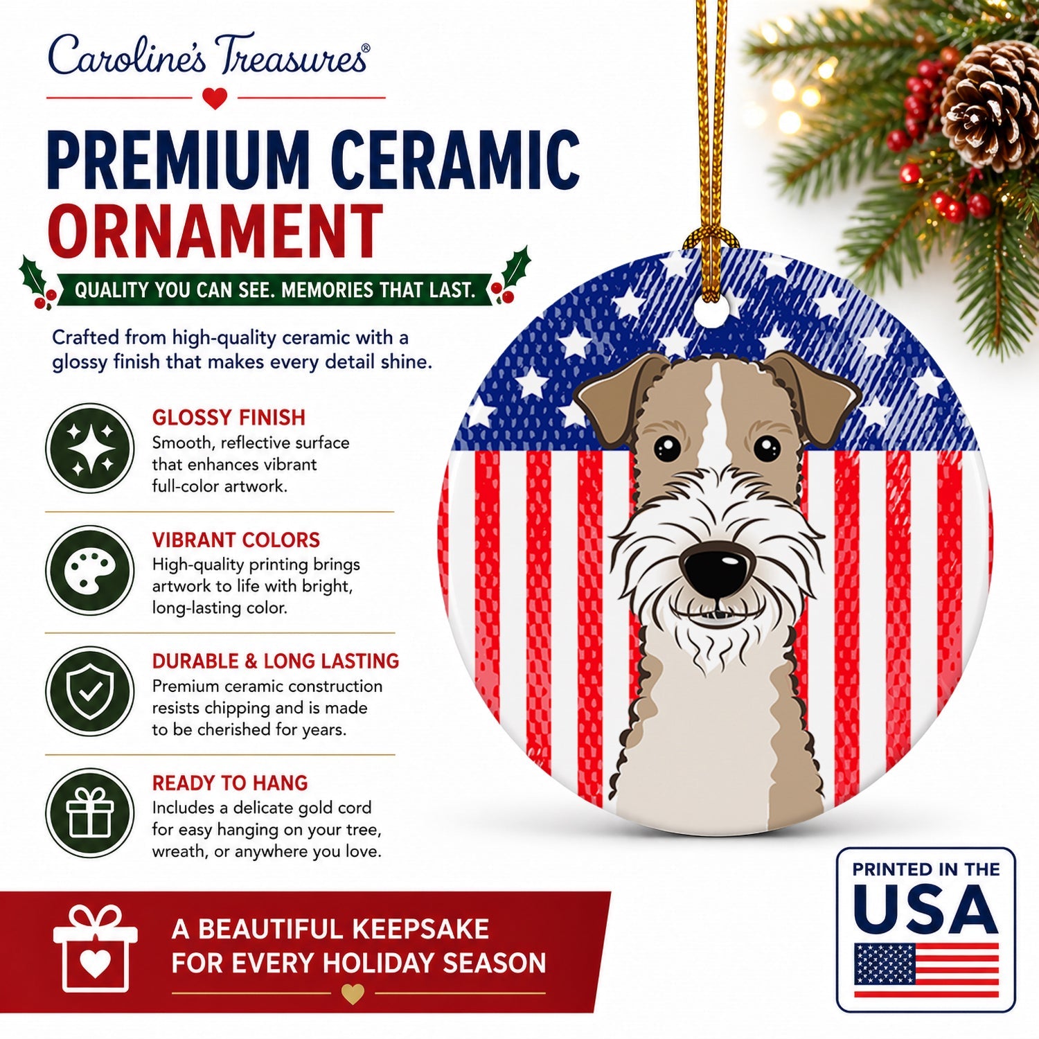 American Flag and Wire Haired Fox Terrier Ceramic Ornament Christmas Tree Hanging Decorations for Home Christmas Holiday, Party, Gift, 3 in, Multicolor